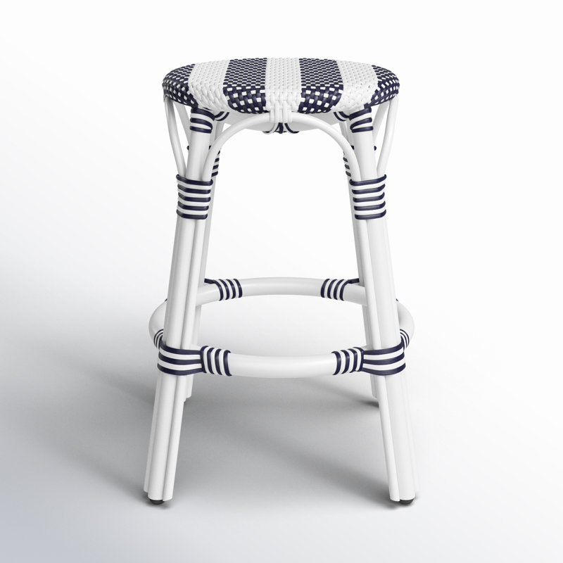 Tabouret de bar et de comptoir en rotin tissé à la main Alastair, Blanc / rayure marine / cadre en rotin blanc