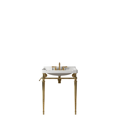 Lavabo de console de salle de bain 28 po Vici, lavabo mural en céramique blanche avec 3 trous pré-percés, pieds de support autoportants en acier inoxydable avec barre à serviettes, sans robinet, couleur or