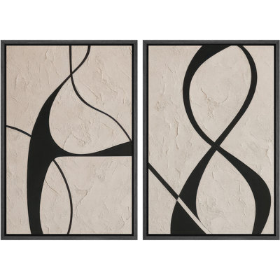 «NO TEXTURE PRINT», ligne noire, courbes abstraites sur motif minimaliste beige - impression sur toile encadrée 2 pièces