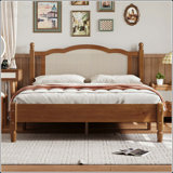 Full Size Wooden Platform Bed with Natural Rattan Headboard and Wooden Slat Support