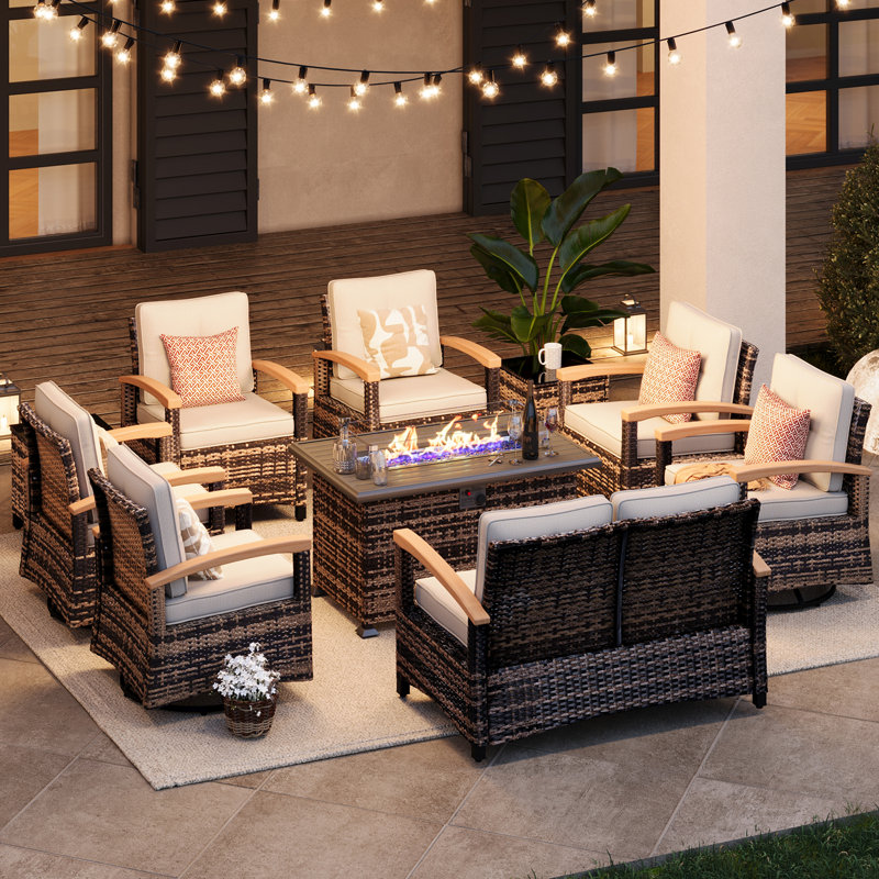 Meissalivve 10 Pieces Patio Furniture Sets With Fire Pit Table, Wicker Outdoor Conversation Sets With 4 Swivel Rocker Chairs, 2 Single Chairs, 2-Seat Sofa And Side Table(Brown)