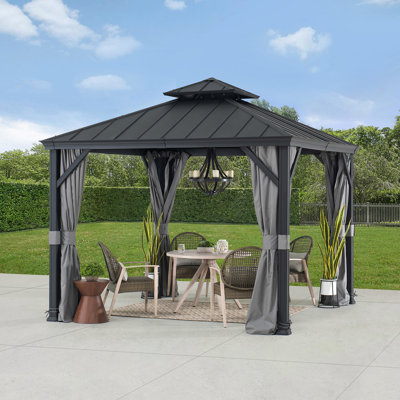 Pavillon de jardin à toit rigide de 10 pi x 10 pi Sunjoy, pavillon de jardin d'extérieur à cadre en aluminium, pavillon de jardin à toit rigide en acier à 2 niveaux avec filet, rideau et crochet de plafond
