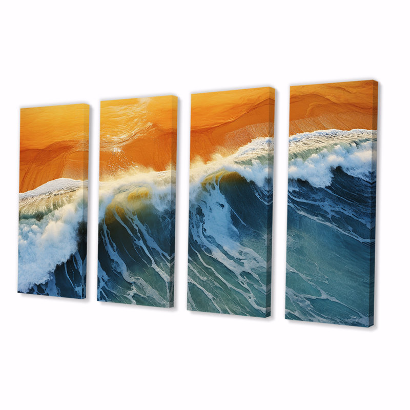 Bleu et orange plage vue aérienne V - plage côtière, art mural 4 pièces, H 28 po x l 48 po
