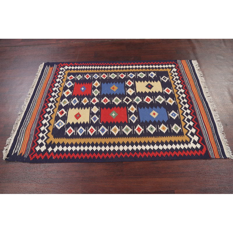 Tapis décoratif en laine de conception unique noué à la main bleu marine/rouge/jaune 3 pi 1 po x 5 pi 1 po