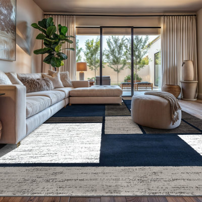 Mehul Woven Geometric Navy/Gray/White Area Rug – Modern, Durable Polypropylene, Medium Pile for Living Room, Bedroom, and Office
