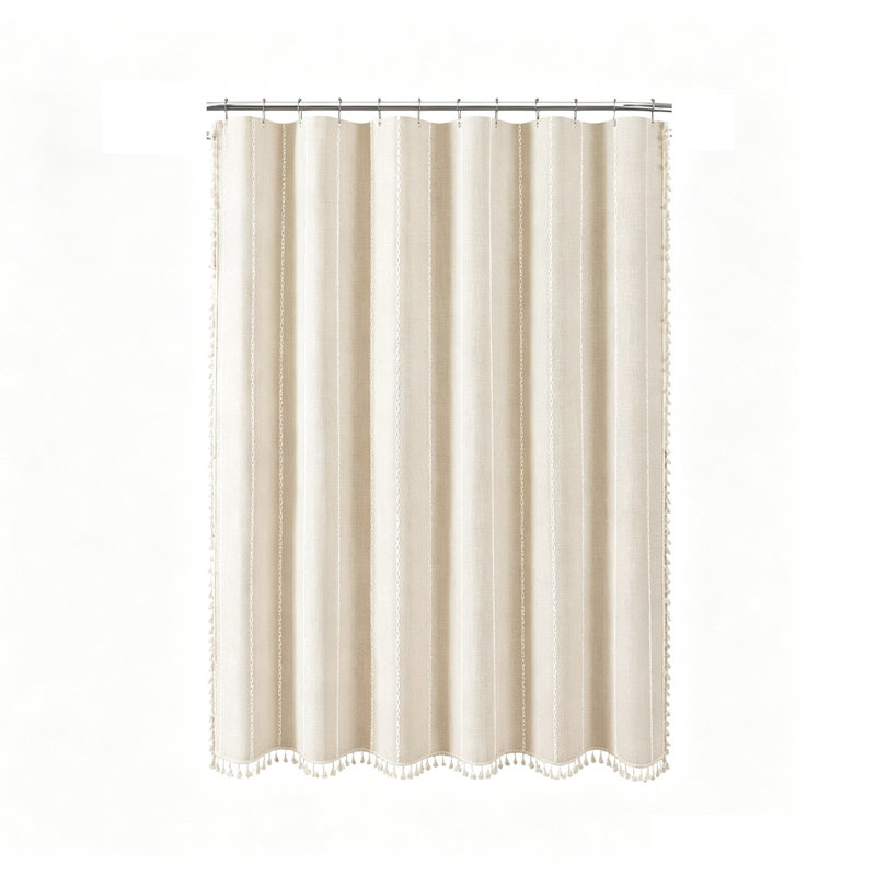 Extra Long Linen Striped Waterproof Shower Curtains with Tassel and 12 Plastic Hooks, Beige 183 x 248 cm