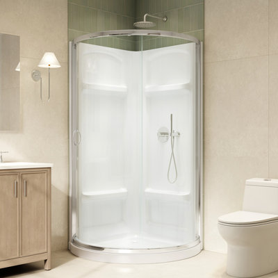 Ensemble de douche de coin ronde en chrome, porte coulissante transparente, murs et casserole L 40 po x l 40 po x H 72,83 po Rudnick