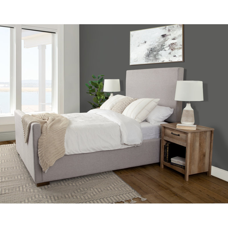Lit tapissier Andrades Hanford, lin gris, grand pied de lit, grand, Grand, Gris clair