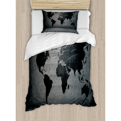 Ambesonne Dark Grey Duvet Cover Set, World Map on Wall, Twin, Grey Black -  nev_50493_twin