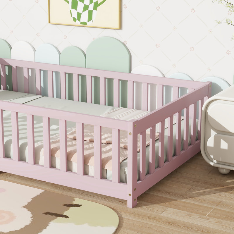 Twin Floor Bed With Fence & Solid Wood, Pink