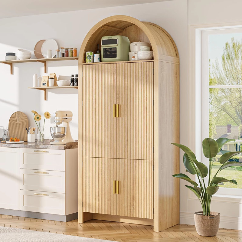 Garde-manger arqué 71 po, garde-manger cannelé arqué haut avec portes et tablettes réglables, Bois