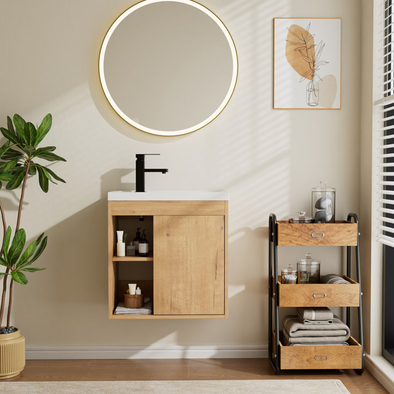 20" Wall Mounted Small Bathroom Vanity with Integrated Sink Top, Faucet, Drain, Oak