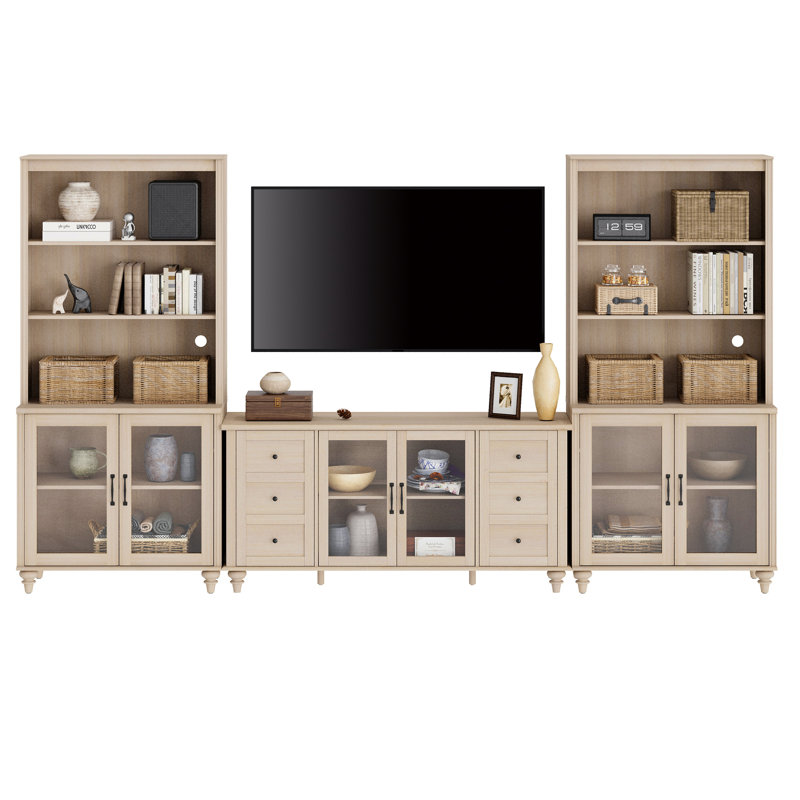 Entertainment Center With Bookshelves With Glass Doors, Farmhouse Wall Unit TV Stand For Tvs Up To 65", Media Console Table For Living Room, Bedroom & Home Theater, Light Beige