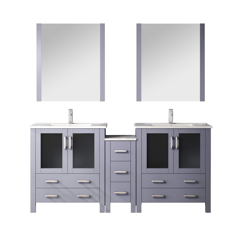 Warba Large meuble-lavabo double avec armoires latérales, robinet en acier inoxydable, 28 miroirs et comptoir Scratch - gris, avec comptoir en céramique