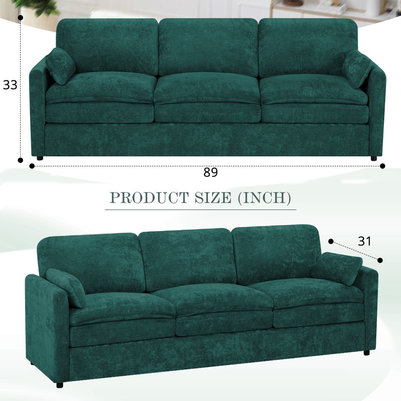 89" Modern Soft Couch With Upholstered Cushion, Chenille Sofa With 2 Well-Filled Pillows, 3-Seat Sofa For Living Room, Bedroom