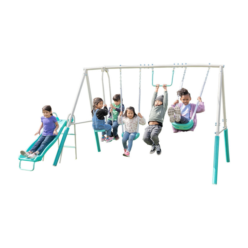 Teal Metal Swing Set with Slide and Trapeze