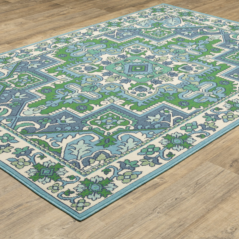 Tapis bleu / vert Aganlane, Rectangle 3 pi 7 po x 5 pi 7 po