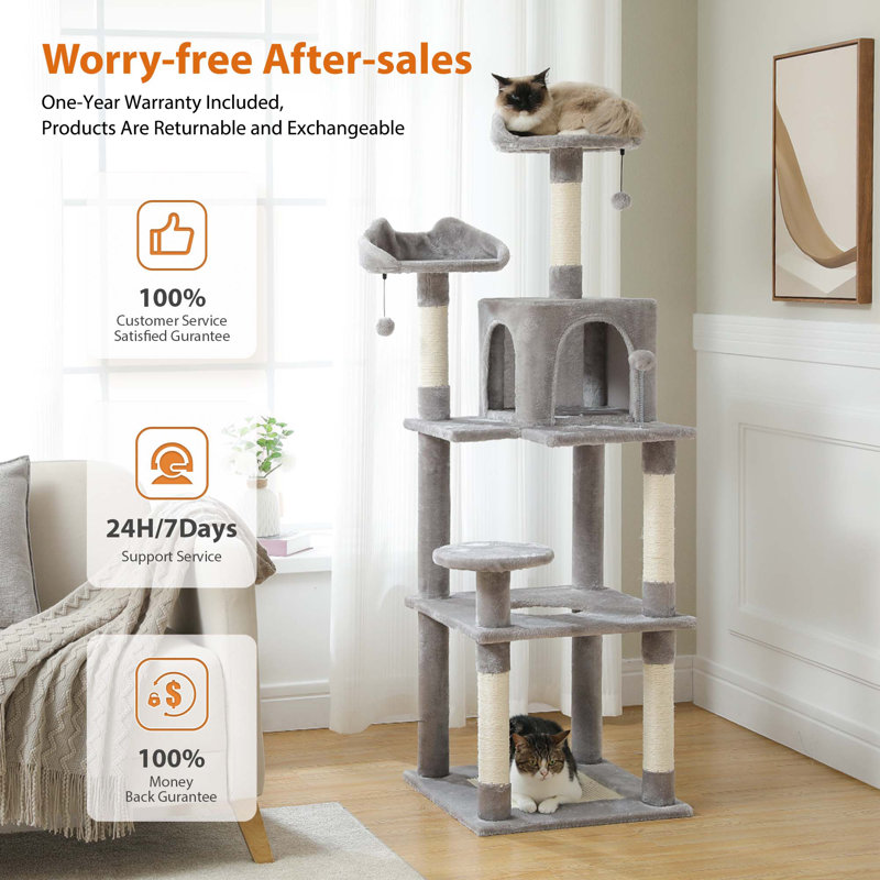63'' Gray Multi-Level Cat Tree Tower with Sisal Scratching Posts