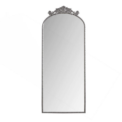 Arched Full Body Mirror with Vintage Ornate Carved Applique, Wall Mounted for Living Room, Bedroom, and Various Retro Home Decor Needs