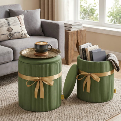 Round Ottoman Set Of 2, Velvet Footstool With Lift Top Lid And Hidden Storage For Living Room And Bedroom