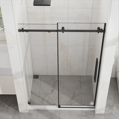 48" W x 72" H Sliding Shower Door, Frameless Sleek Glass Shower Door, 1/4" (6mm) Thick Tempered Clear Glass with Easy-clean Coating, Stainless Steel Hardware, Matte Black