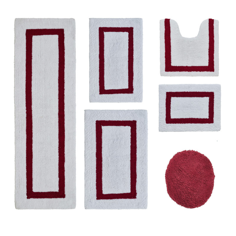 Ensemble de tapis pour salle de bain 100% coton 2370 g / m² Hotel Premium, certifié OEKO-TEX®, conception de piste de course touffetée ultra moelleuse, super absorbant, réversible, tapis de salle de bain lavable à la machine, blanc / rouge