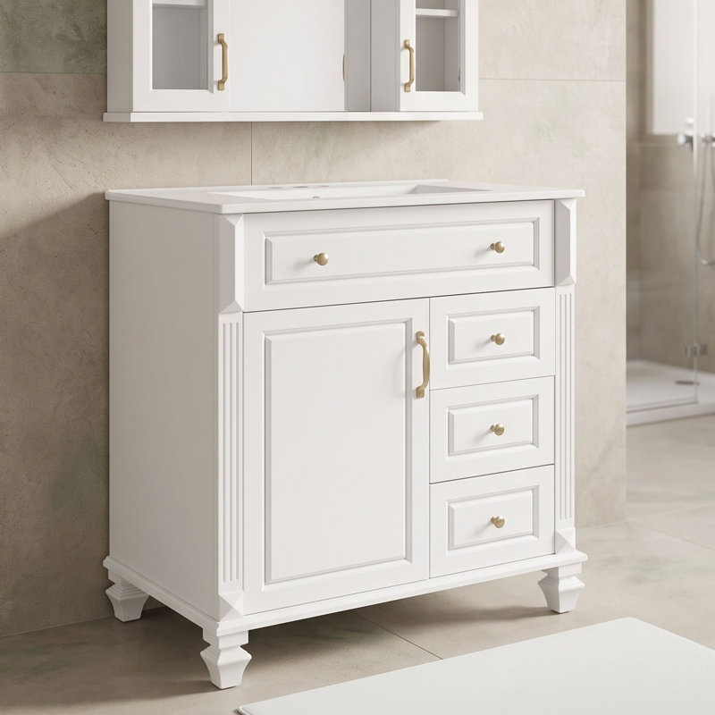 Meuble-lavabo autoportant avec lavabo en céramique, tiroir escamotable, rangement réglable et support de porte, White