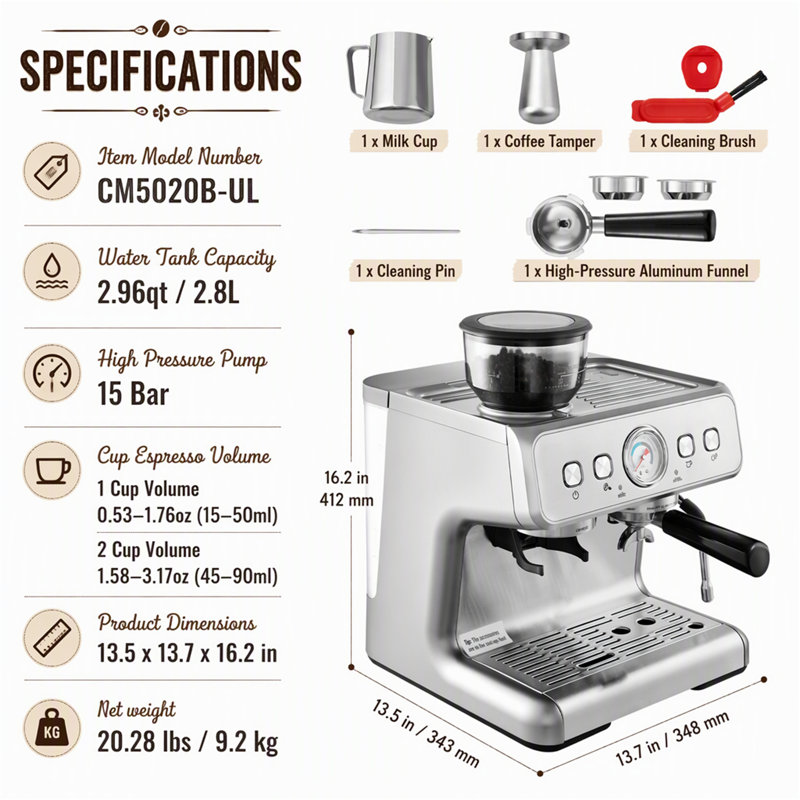 Machine à espresso de 15 bars avec broyeur intégré, contrôle PID et mousseur à lait
