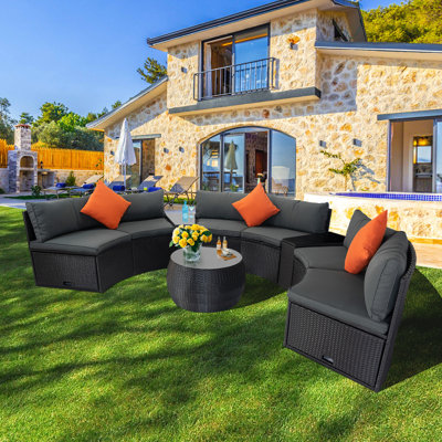 Rasmus 6 Person Patio Rattan Sofa Curved Seating Group Conversation Sets