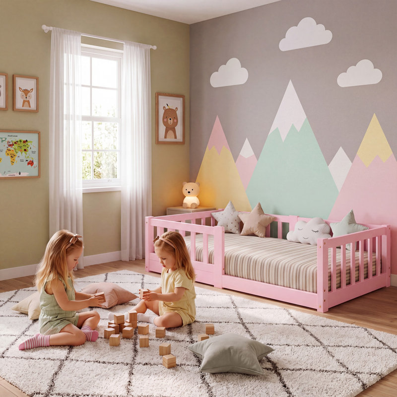Lit Montessori en pin massif pour tout-petits, cadre de lit bas pour enfants avec barrières de sécurité complètes pour chambre de garçon ou de fille