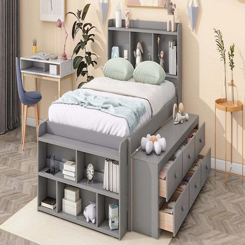 Structure de lit double avec bibliothèque avec tête de lit, dessous de lit avec tiroirs de rangement et base de lit avec étui de rangement
