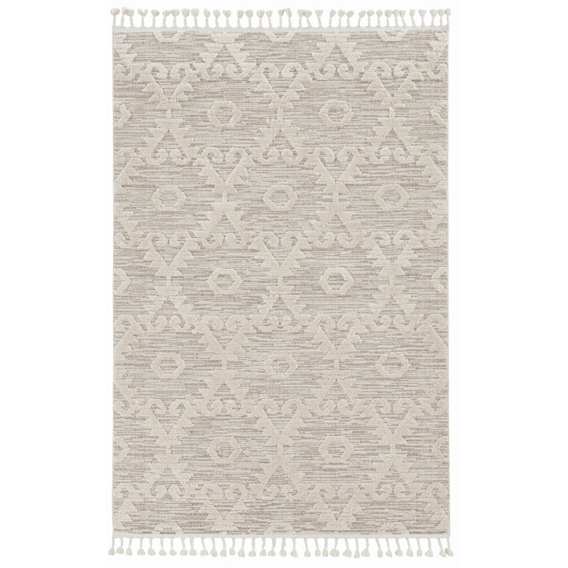 Tapis ivoire à losanges beiges avec franges