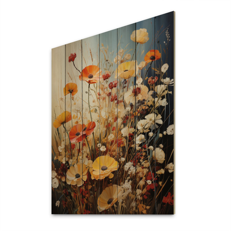 Collage saisonnier de fleurs orange et jaune sur bois, H 32 po x l 24 po x P 0,78 po