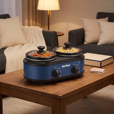 Mijoteuse double de 2,5 litres avec chauffe-plats et 2 récipients amovibles de 1,25 litre, thermostat réglable et couvercles en verre transparent bleu pour la cuisine