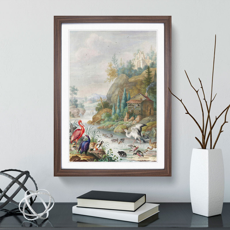 Birds Near a Mountain Stream by Herman Henstenburgh - Picture Frame Graphic Art, 65cm H x 48cm W x 2cm D, Walnut