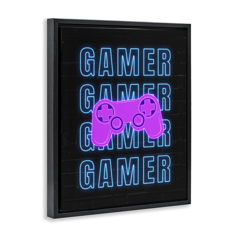 «Neon Gamer Words», art mural encadré par Nina Blue, Cadre flottant noir de jais, H 21 po x l 17 po