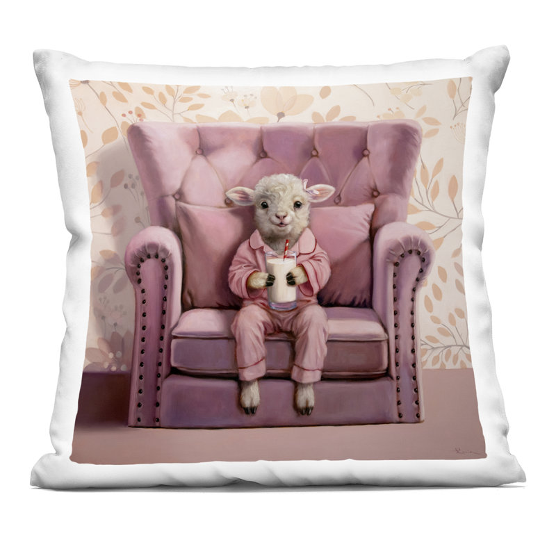 Coussin décoratif imprimé bébé agneau avec verre de lait, design par Lucia Heffernan