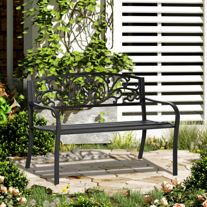 Outsunny 50" Outdoor Bench, Metal Garden Bench With Floral Pattern Backrest, Porch Bench With Slatted Seat For Park, Yard, Lawn, Black