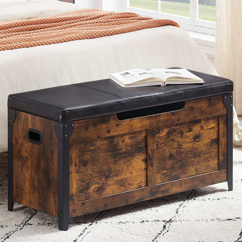 Storage Chest, Wooden Storage Trunk With Metal Frame, Entryway Shoes Bench With Cushio