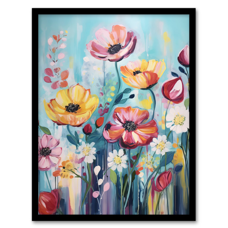 Teal Pink Yellow Flowers Elegant Wildflower Meadow 1 Piece Single Picture Frame Wall Art