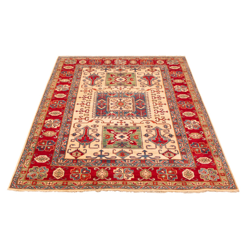 Tapis rouge / beige / bleu foncé noué à la main de conception unique 6 pi 8 po x 9 pi 4 po Alyssarae