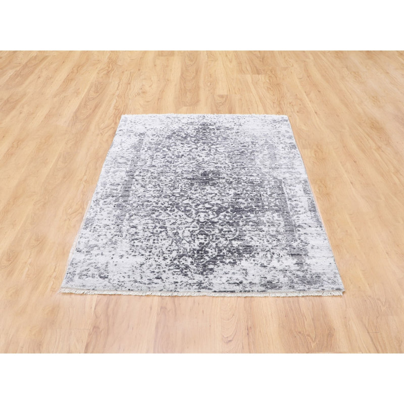 Tapis décoratif noué à la main gris/noir de conception unique 3 pi x 5 pi New Age