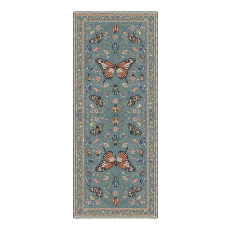 Animal Print Butterfly Machine Washable Dusty Blue/Tan Indoor Area Rug With Non-Slip Backing, Runner 2' x 6'
