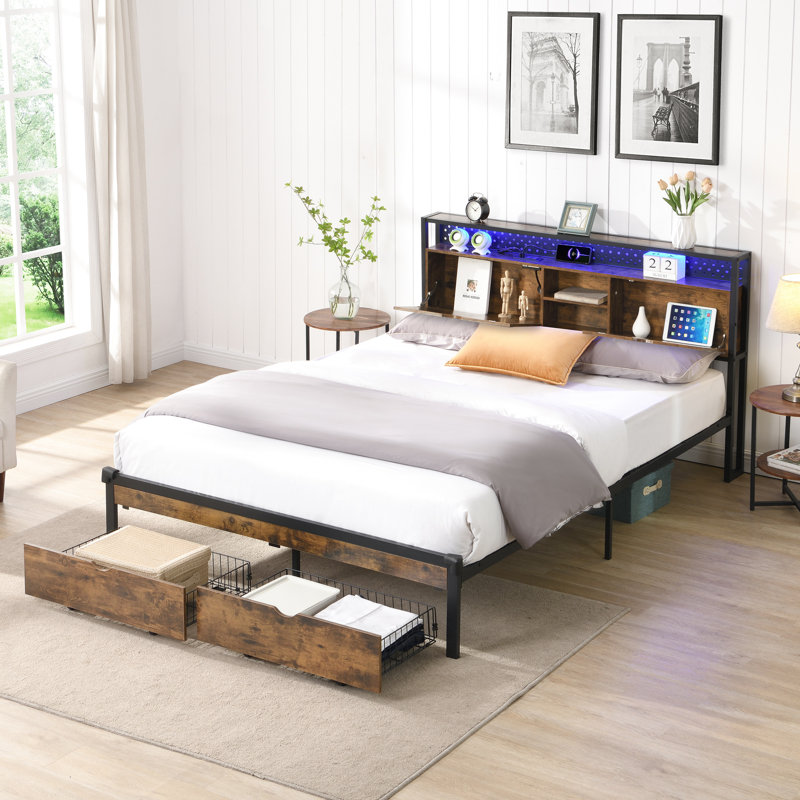 Metal Platform Queen Bed With Wooden Headboard & , Charging Area, 2 Drawer Cupboards, Led Lights, No Box Spring, Simple Assembly Schemes Size And Point, Generous Drawers, Easy To Construct
