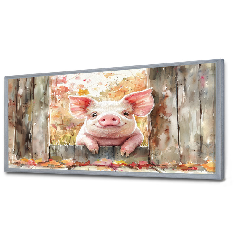 Portrait de cochon à la grange - décoration murale cochon, 34" H x 44" W, Encadrement argenté