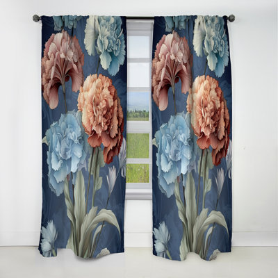 Coral Blue Carnations Harmony II - Floral Curtain - Blackout Floral Curtain - 1 Panels