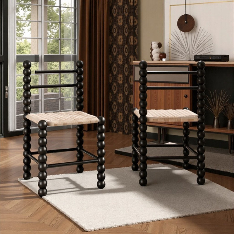 Ensemble de 2 chaises de salle à manger en rotin en bois - Conception ergonomique pour petits espaces, Noir