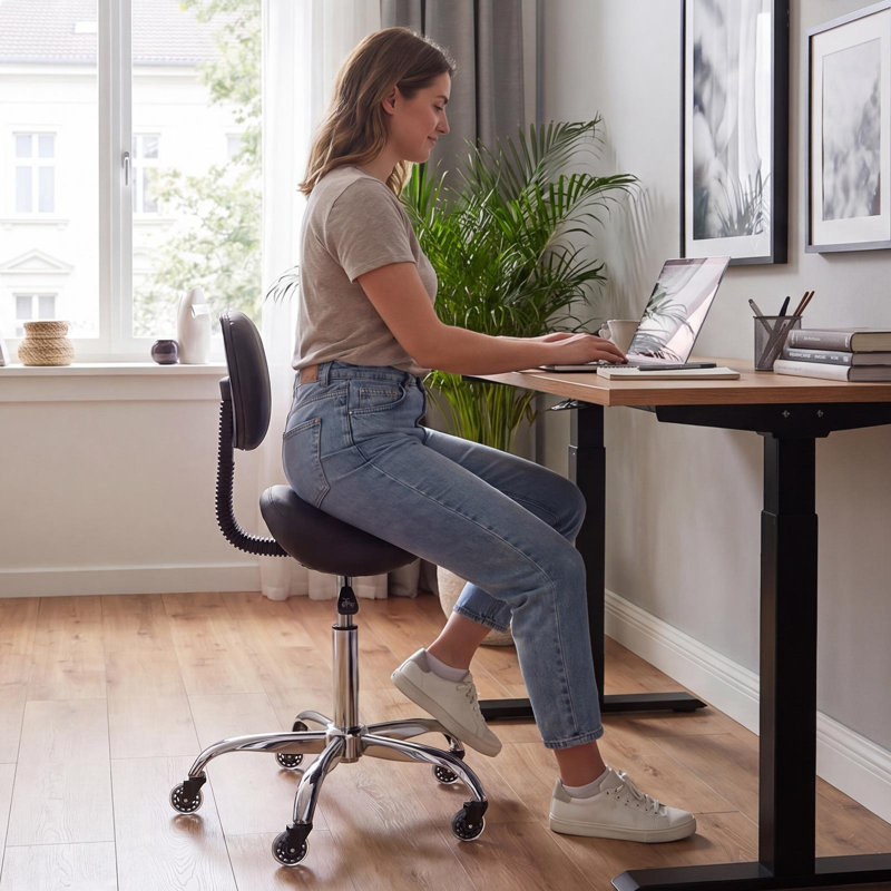 Tabouret de selle avec support pour le dos, capacité de poids de 500 lb, hauteur réglable, roulettes silencieuses, siège en cuir PU ergonomique, chaise roulante pivotante à 360 ° pour tabouret de salon, spa, bar, médical, noir