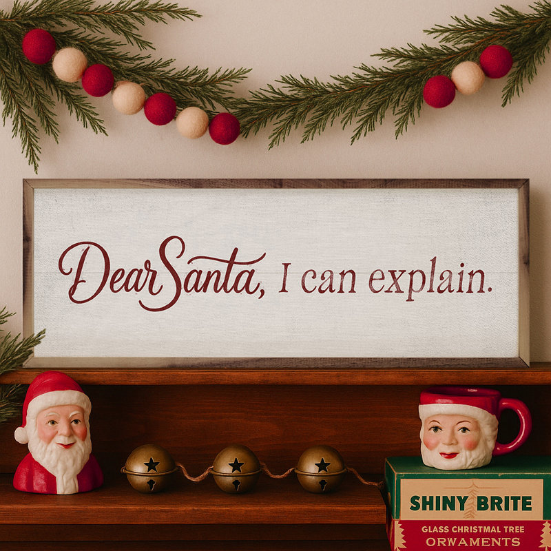 Dear Santa I Can Explain, H 16 po x l 48 po, Blanc