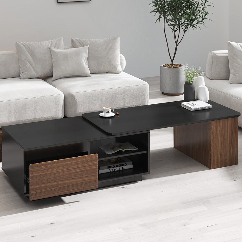 Table basse extensible, table basse en bois réglable en longueur avec 2 tiroirs de rangement pour le salon, grande table centrale rectangulaire longue